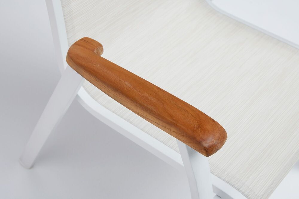 KETTLER MEMPHIS TEAK naslanjajoči se aluminijasti stol s tikovimi naslonjali - bela / bež