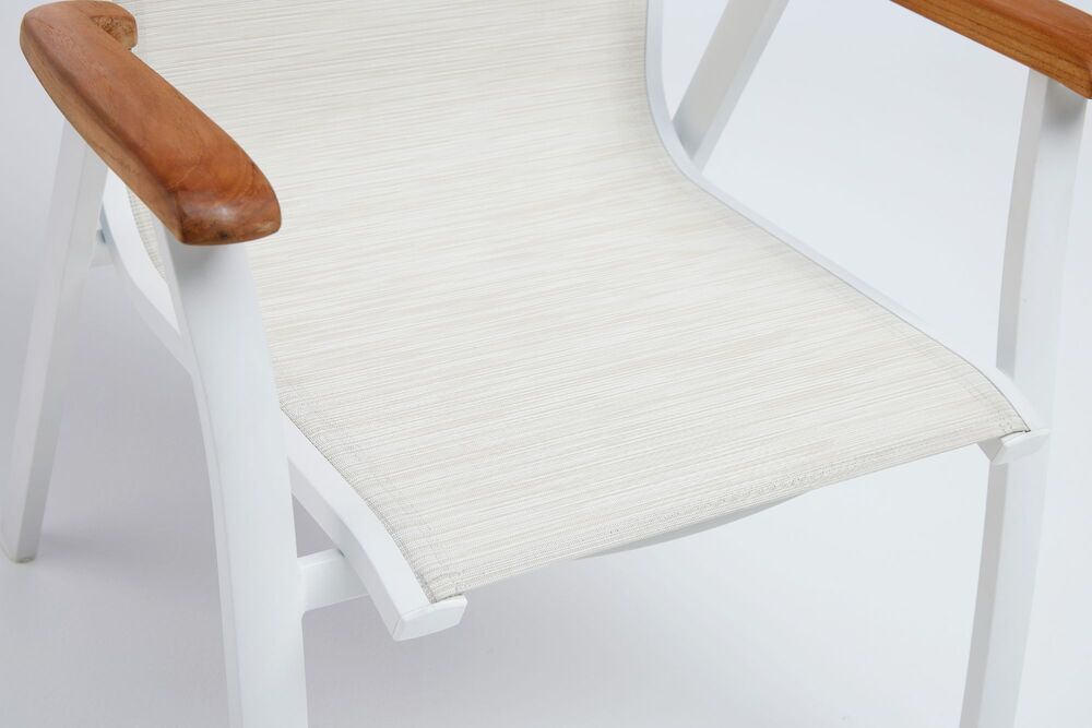 KETTLER MEMPHIS TEAK naslanjajoči se aluminijasti stol s tikovimi naslonjali - bela / bež